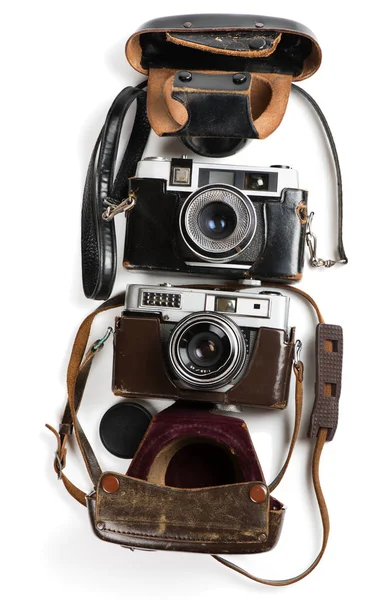 Isolato Usato Due Fotocamere Pellicola Vintage Con Custodie Pelle Vista — Foto Stock