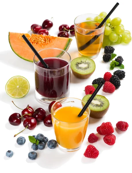 Fresh Juices Summer Fruits Berries Raspberry Blueberry Blackberry Kiwi Melon — Stock Photo, Image