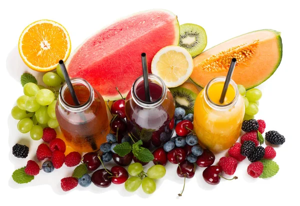 Berry Vruchtensappen Flessen Boven Weergave — Stockfoto