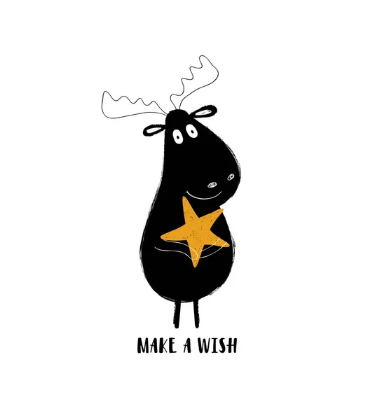 Cute black moose holding a star. Greeting card with inspiring phrase: make a wish.