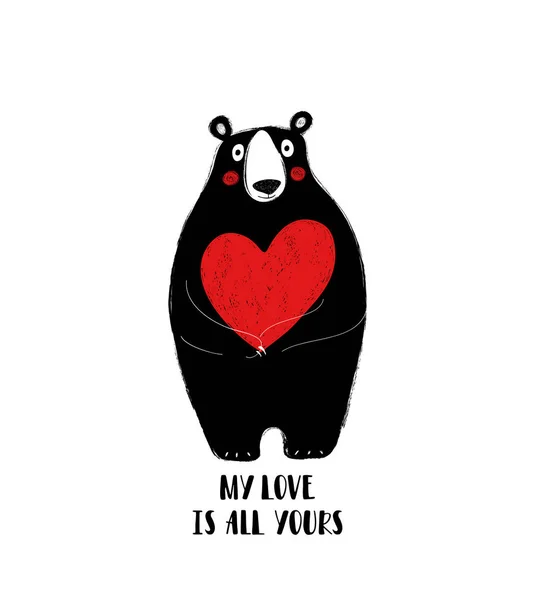Cute black bear holding a big red heart. Love greeting card with phrase: my love is all yours.