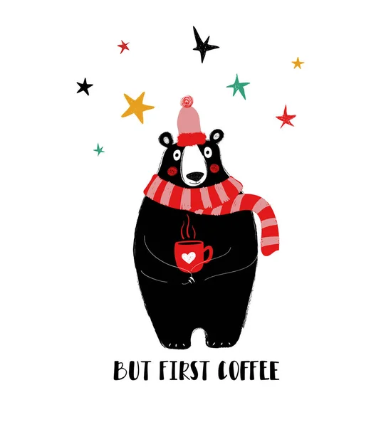 Cute black bear holding a cup of coffee. Card with inspiring phrase: but first coffee.