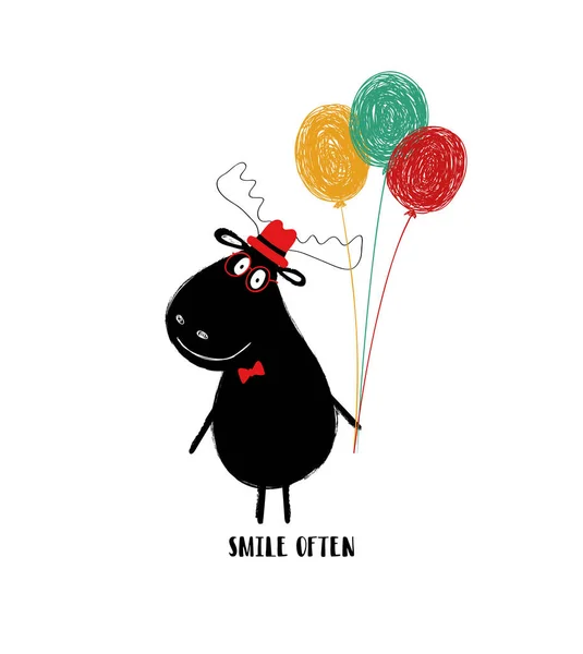 Funny black moose with bunch of balloons. Greeting card with motivating phrase: smile often.