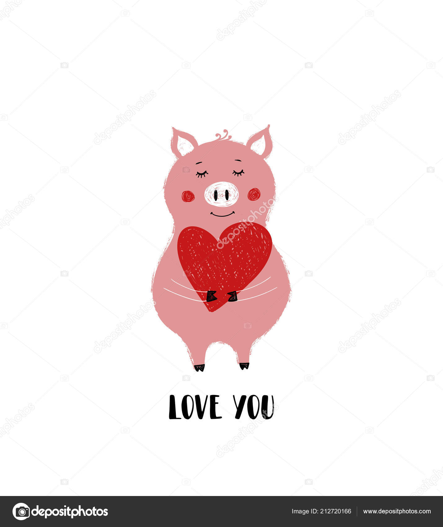 Belle Rose Piggy Tenant Gros Coeur Rouge Carte Voeux Amour