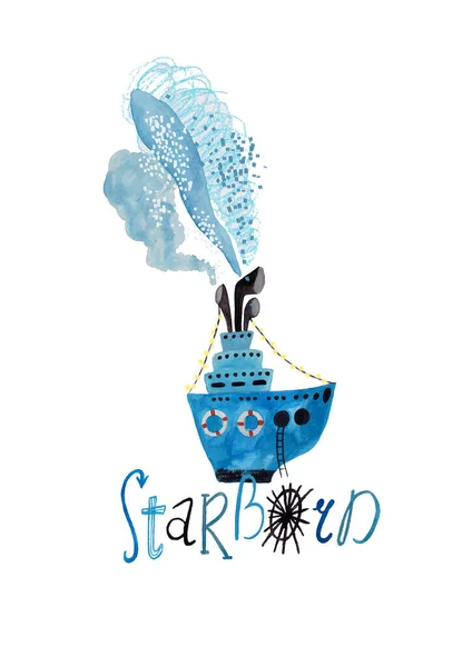 Hand drawn illustration with blue boat and lettering - starboard. Poster or card with gouache painted ship.