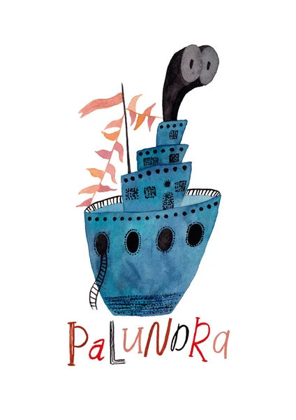 Hand drawn illustration with blue boat and lettering - palundra. Poster or card with gouache painted ship.