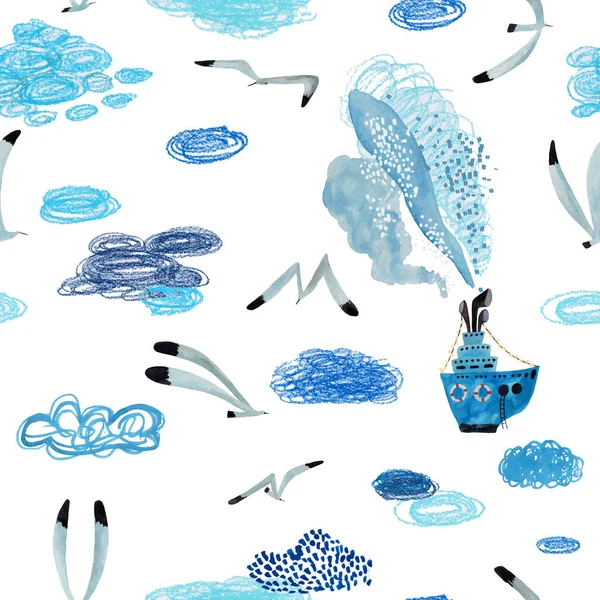 Marine seamless pattern with boat, flying gulls and clouds on a white background. Kids gouache and oil pastel painted funny wallpaper.
