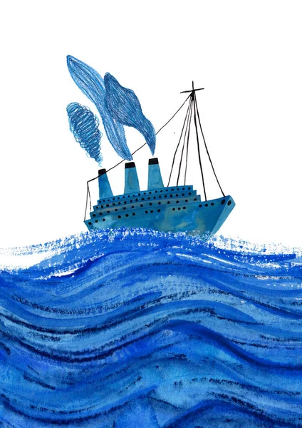 Hand drawn illustration with blue boat floating in the watercolor sea. Poster or card with gouache painted ship.