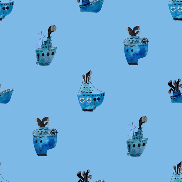 Marine seamless pattern with boat on a blue background. Kids gouache and watercolor painted funny wallpaper.