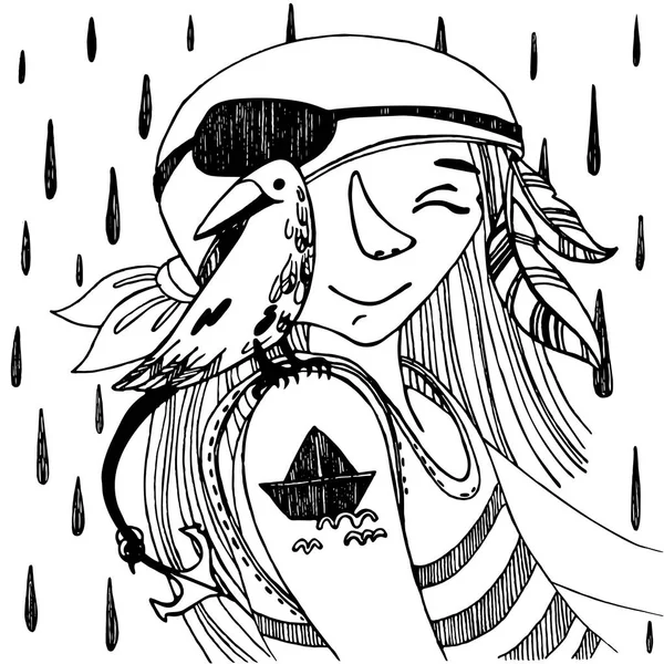 Petit Tatouage Pluie Singulet Ancre Corbeau Piratka — Image vectorielle