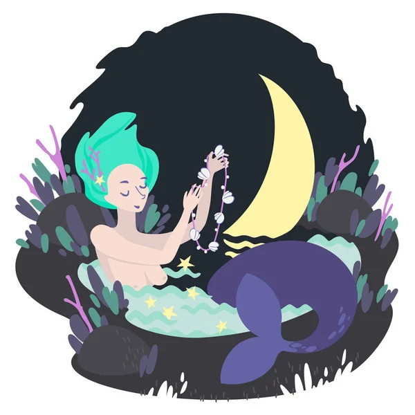 Sirène Baignant Dans Lac Forestier Nuit — Image vectorielle