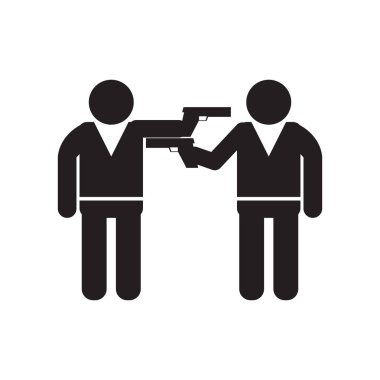 İki silahlı gangsterler birbirlerini web ve mobil uygulaması tasarımı, beyaz arka plan üzerinde birbirlerine onların silah logo kavramı ile işaret iki silahlı gangster izole onların silah simge vektör ile işaret