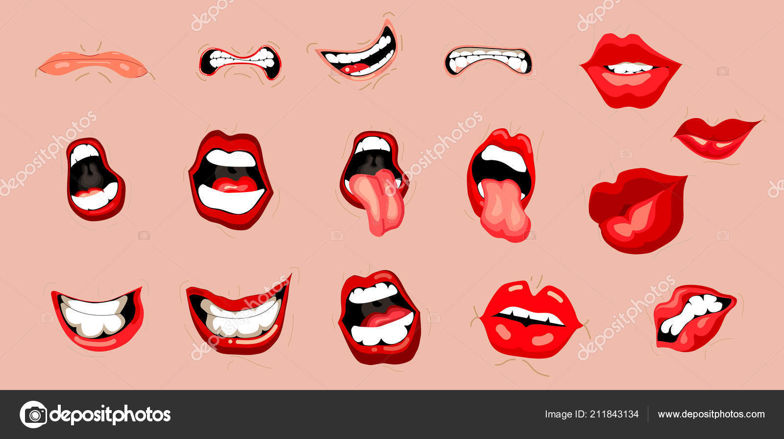 Mouth Expressions Vector Cute Cartoon Facial Gestures Set Pouting Lips