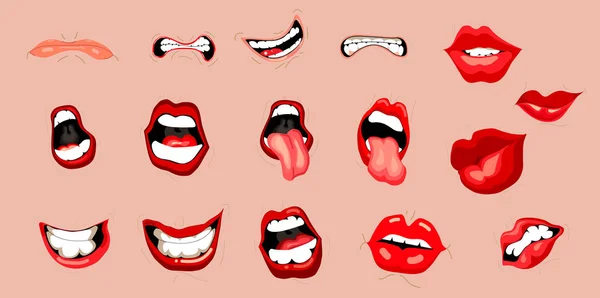 Vector Expresiones Bucales Lindos Gestos Faciales Dibujos Animados Con Labios — Archivo Imágenes Vectoriales