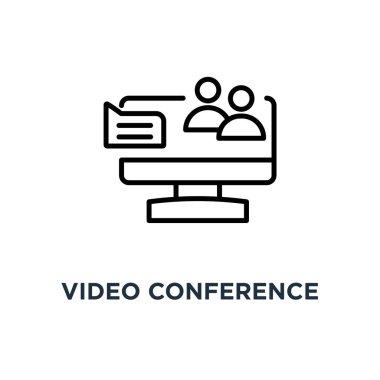 Video konferans simgesi. Doğrusal basit eleman illüstrasyon. Kullanıcı kavramı anahat simgesi tasarım, vektör logo illüstrasyon izlemek. Mobil ve web için kullanılabilir.