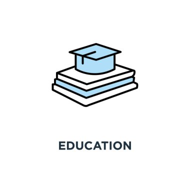 Eğitim simgesi, mezuniyet Üniversitesi kap, üniversite veya kolej, anahat,, yığın kitap, eğitim akademik üniversite şapka