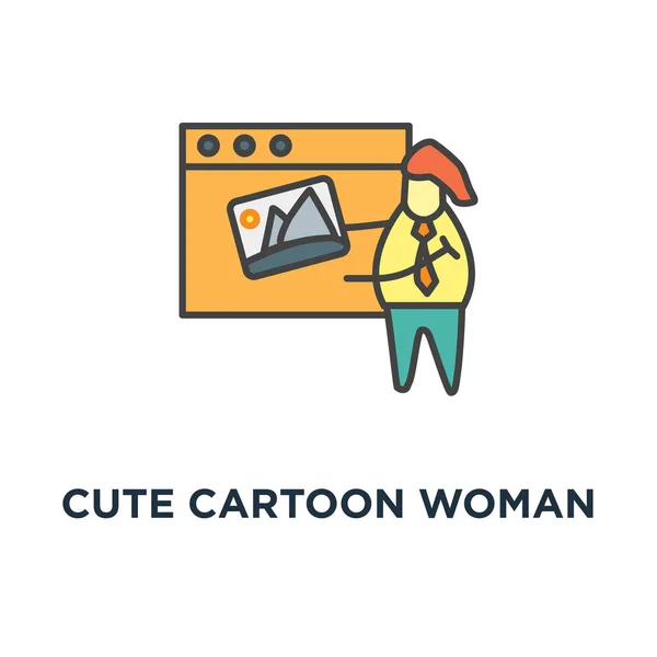 Симпатичная Карикатурная Женщина Загружающая Фотографию Иконки Поделиться Своим Дизайном Символа — стоковый вектор