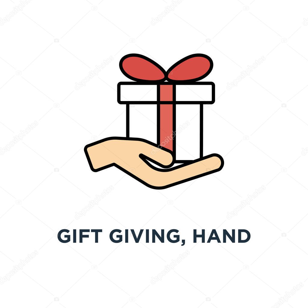 gift giving, hand holding a gift box, bonus, design outline banner, usage for e icon, symbol of mail newsletters, web banners, headers, blog posts, print and more, concept