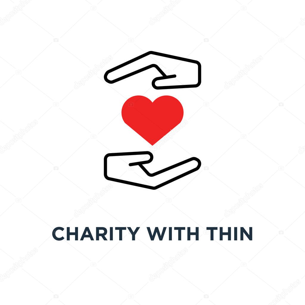 Charity with thin hand and heart icon, symbol of donor woman or man arms and crowdfunding for poverty concept linear trend modern simple compassion logotype graphic art design on white