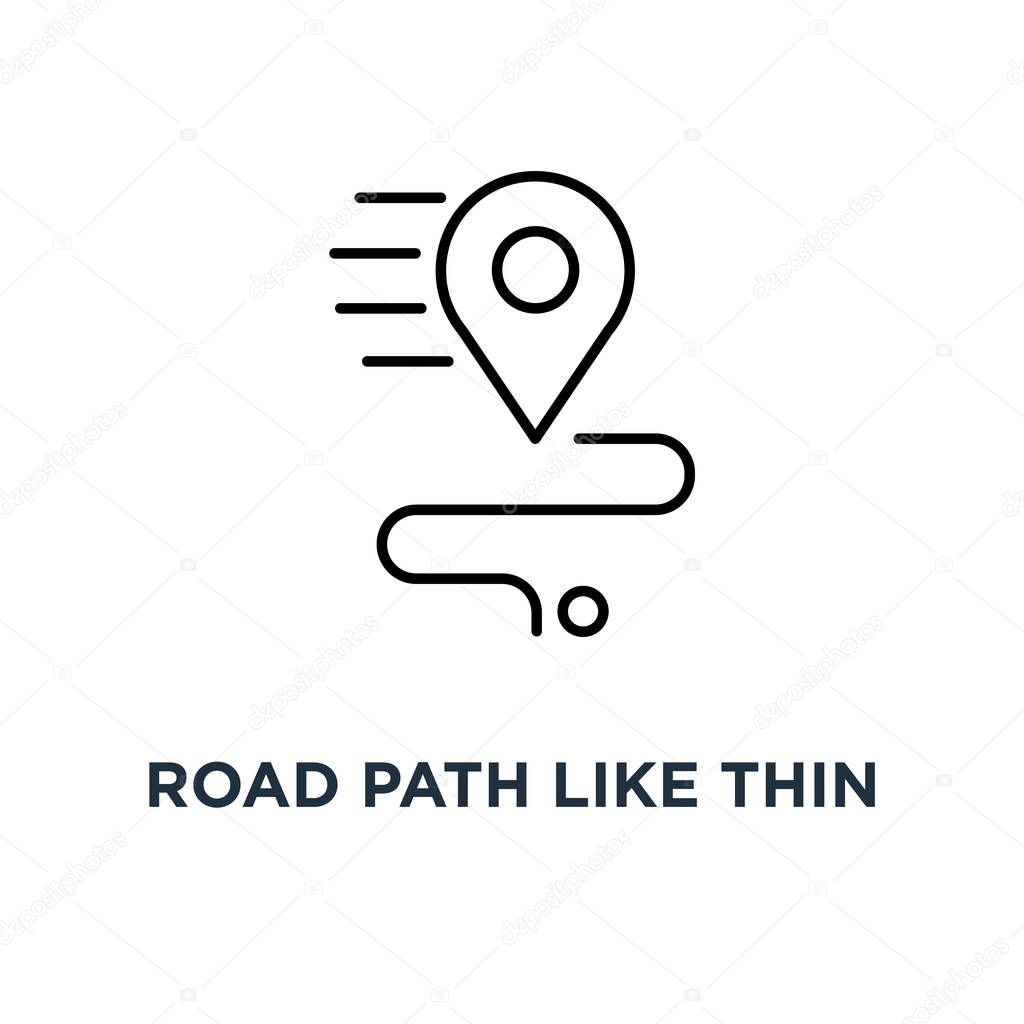 road path like thin map geolocation icon, symbol of show or check transport route or find the right place concept outline simple abstract mapping logotype brand graphic ui design on white