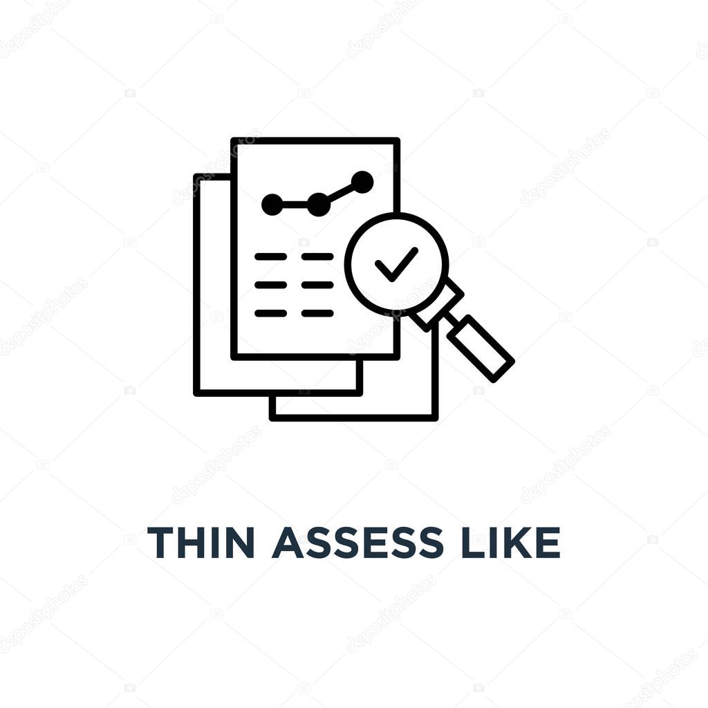 thin assess like review audit risk icon, symbol of find internal vulnerable bill or data research and survey concept linear trend quality logotype graphic art design