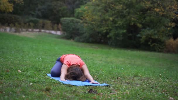 Девушка занимается йогой в парке осенью 4k — стоковое видео