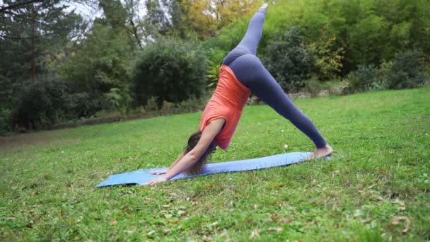 Chica haciendo yoga en el parque en otoño 4k — Vídeo de stock