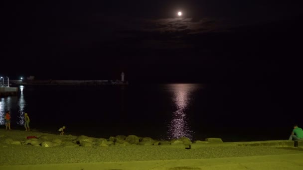 Farol noturno e lua iluminam o mar 4k — Vídeo de Stock