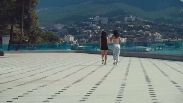 Dos Guapas Chicas Morenas Gafas Sol Bailando Fondo Ciudad Montañas — Vídeo de stock