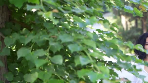 Красивая татарка стоит рядом с деревом — стоковое видео
