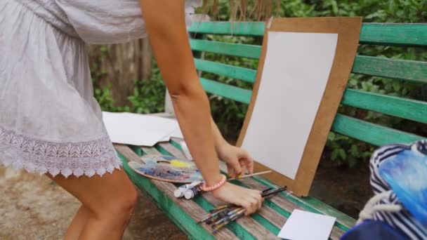 Meisje Kunstenaar Bereidt Papier Palet Verf Penselen Voor Landschapsschilderkunst Het — Stockvideo