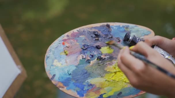 Chica Artista Una Paleta Extiende Pequeñas Pinturas Para Pintar Paisaje — Vídeos de Stock