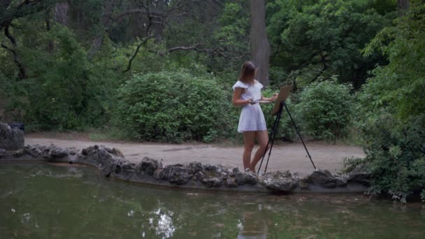 Chica Artista Parque Pinta Paisaje Con Pinturas Óleo Pequeño Estanque — Vídeos de Stock