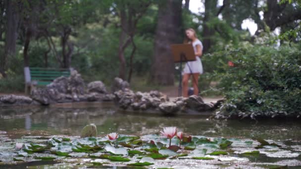 Chica artista en el parque pinta un paisaje con pinturas al óleo un pequeño estanque viejo 4k — Vídeo de stock