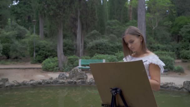 Meisje kunstenaar in het Park schildert een landschap met olie verven een kleine oude vijver 4k — Stockvideo