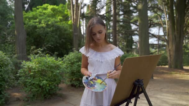 Chica artista en el parque pinta un paisaje con pinturas al óleo un pequeño estanque viejo 4k — Vídeo de stock