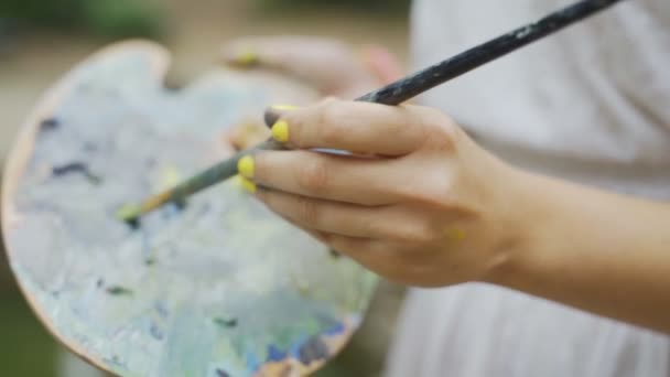 Chica artista en una plataforma se extiende pequeñas pinturas para la pintura del paisaje 4k — Vídeo de stock