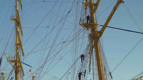 Sjømenn Klatrer Ned Vakkert Seilskip Havn – stockvideo