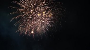 Şehrin üzerinde şenlikhavai. İnsanların neşeli çığlıkları. Gece şehir üzerinde siyah gökyüzünde parlak havai fişek gösterisi. Kırmızı patlamalar karanlıkta renkli parlaklık 4k kıvılcımlar