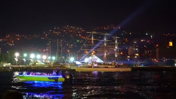 Stad Feestelijk Verlicht Nachts Vieren Dag Van Stad Spots Verlichten — Stockvideo