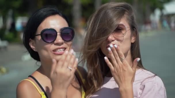Zwei Mädchen geben sich einen Luftkuss. Zwei junge schöne Mädchen mit Sonnenbrille an einem sonnigen Sommertag in Großaufnahme senden Luftküsse — Stockvideo
