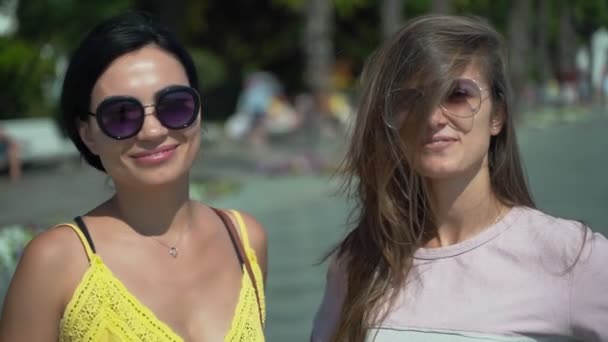 두 소녀가 공중 키스를 한다. 화창 한 여름날 선글라스를 쓴 아름다운 두 소녀가 키스를 보내네 — 비디오