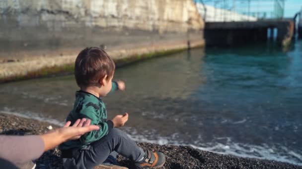 Μια νεαρή μητέρα και ο γιος της περπατούν στην πόλη κοντά στη θάλασσα και πετάνε πέτρες στο νερό. Ένα μικρό αγόρι περπατά κοντά στη θάλασσα με τη μητέρα του και πετάει πέτρες στο νερό μια ηλιόλουστη μέρα. — Αρχείο Βίντεο