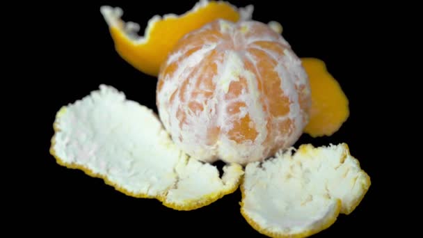 Jeden oloupaný mandarinka se otáčí na černém pozadí spolu s mandarinkovou kůží. Detailní záběr. — Stock video
