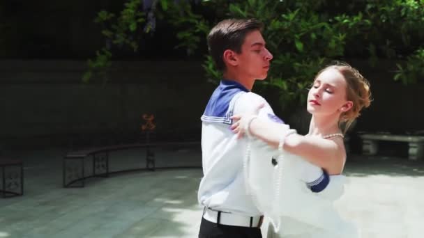 Young Guy Girl Dancing Waltz Cadet Guy Girl White Ball — Stock Video