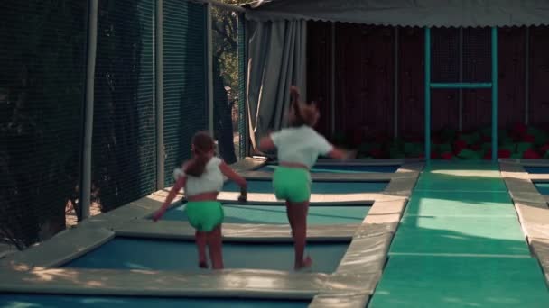 Zwei Schwestern springen freudig auf einem Trampolin. Kleine Mädchen springen im Sommer gemeinsam auf einem Trampolin, spielen, lachen und frönen. — Stockvideo