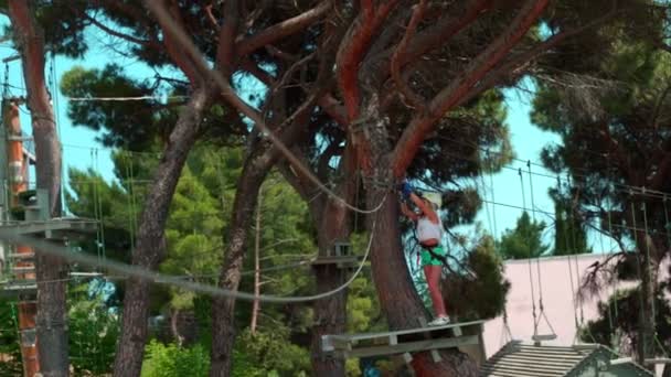 Crianças Parque Das Cordas Irmãs Fazem Percurso Obstáculos Num Parque — Vídeo de Stock