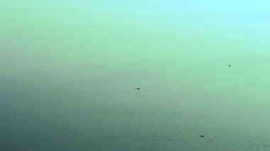 Denizin arka planına doğru uçan bir helikopter, denizdeki gemilerin yanında uçuyor. 4k