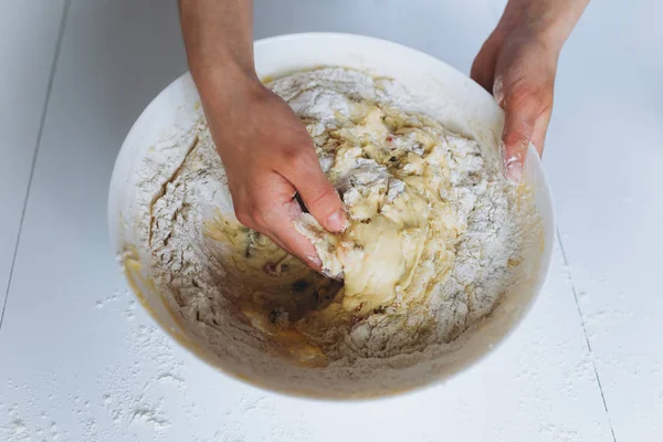 Female Hands Knead Dough White Table — Stock Photo, Image