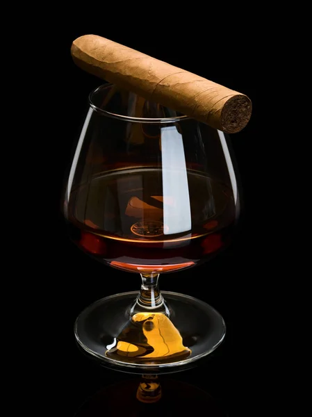 Cigar Cognac Glass Isolated Black — Stock Photo, Image